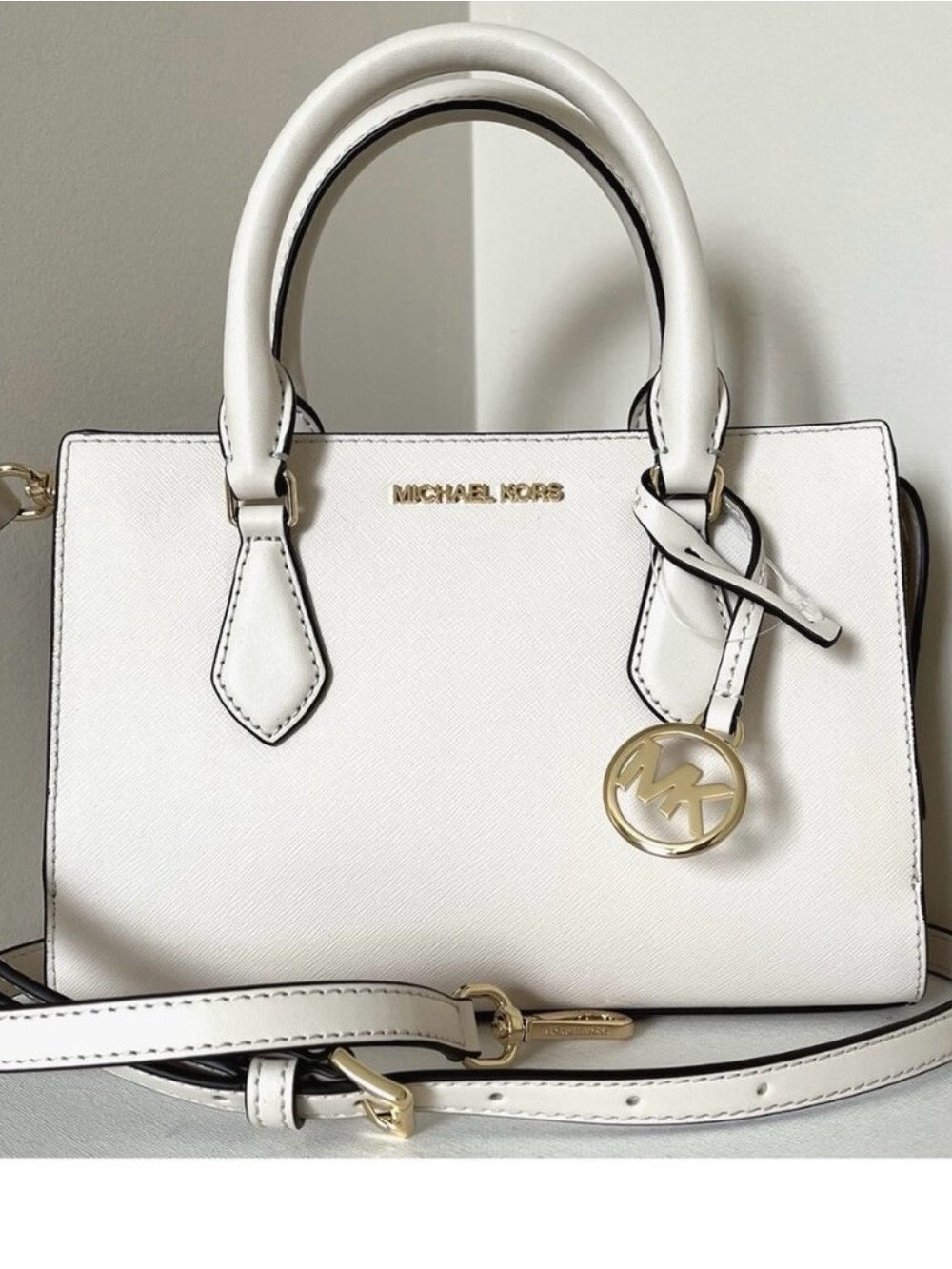 Michael Kors Pale Cream Saffiano Satchel with Gold Hardware